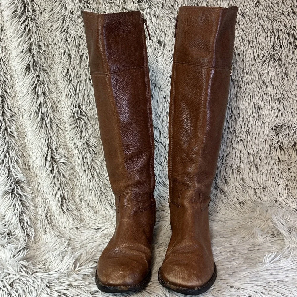 Tory Burch‎ Jolie Tall Pebbled Leather Riding Boots Gold Logo Brown 7.5 Read